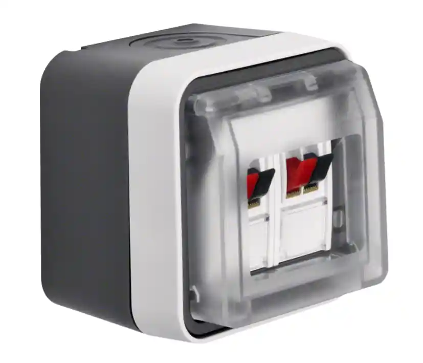 Aufputz Lautsprecherdose STEREO mit 4-Klemmen und Klappe IK05 IP55 Heißes Angebot