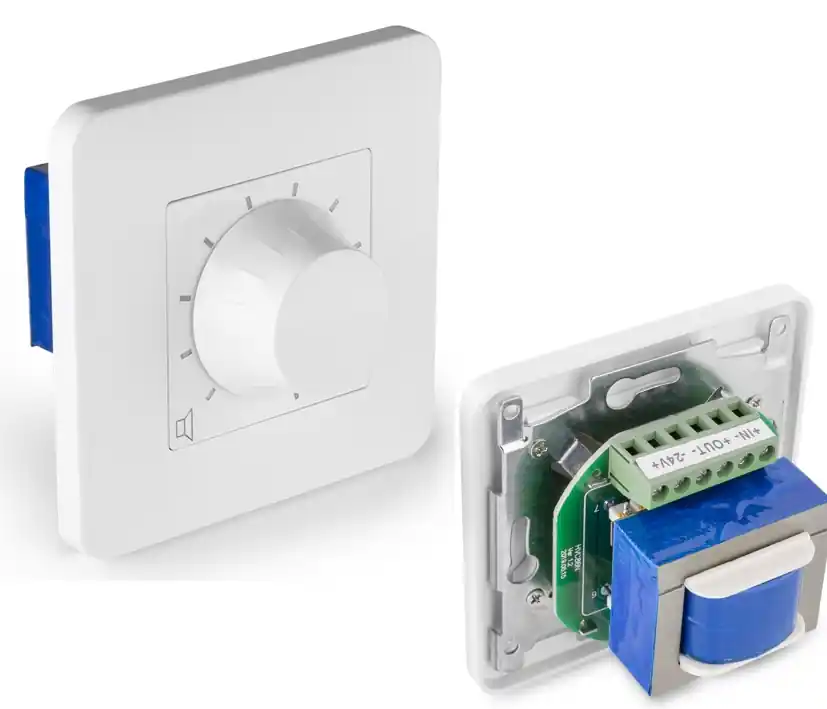 Handgefertigt ELA 100V Lautstärkeregler UP 12/24W Weiss mit 24V Pflichtrufrelais 3-teilig mit abnehmbarem Außenrahmen