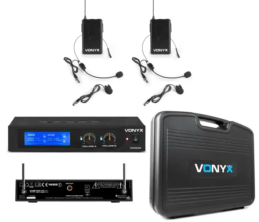 Funkmikrofon Set VHF 2K Empfänger mit 2x Taschensender mit Headest Netzteil Antennen und Koffer Handgefertigt