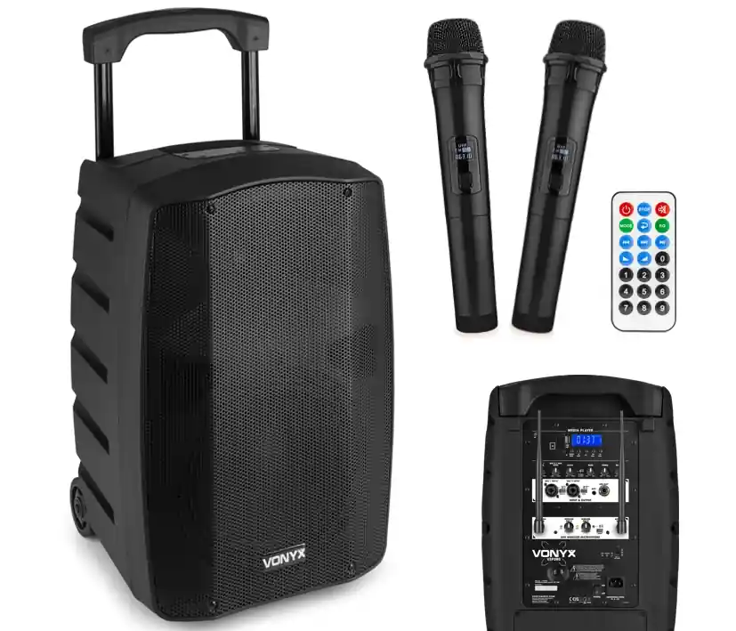 Mobile Musikanlage 10zoll 300W Verstärker mit Bluetooth USB-Player 2x Funkmikrofon Akku und AUX Eingang Geld-Zurück-Garantie
