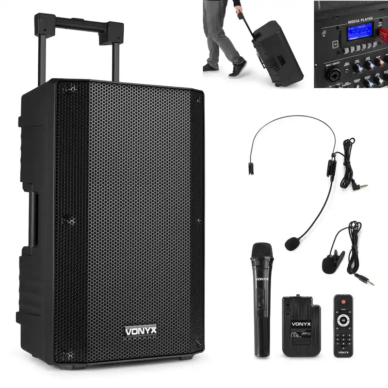 Mobile Musikanlage 800W Beschallungsanlage mit Bluetooth USB-MP3-Player Akku 2xFunkmikro 12zoll Knallerangebot