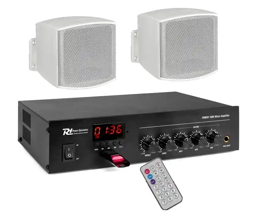 Beliebt Musiksystem SET-26 für Büro Gastro Laden Fachmarkt Praxen mit 2x Wandlautsprecher Weiss