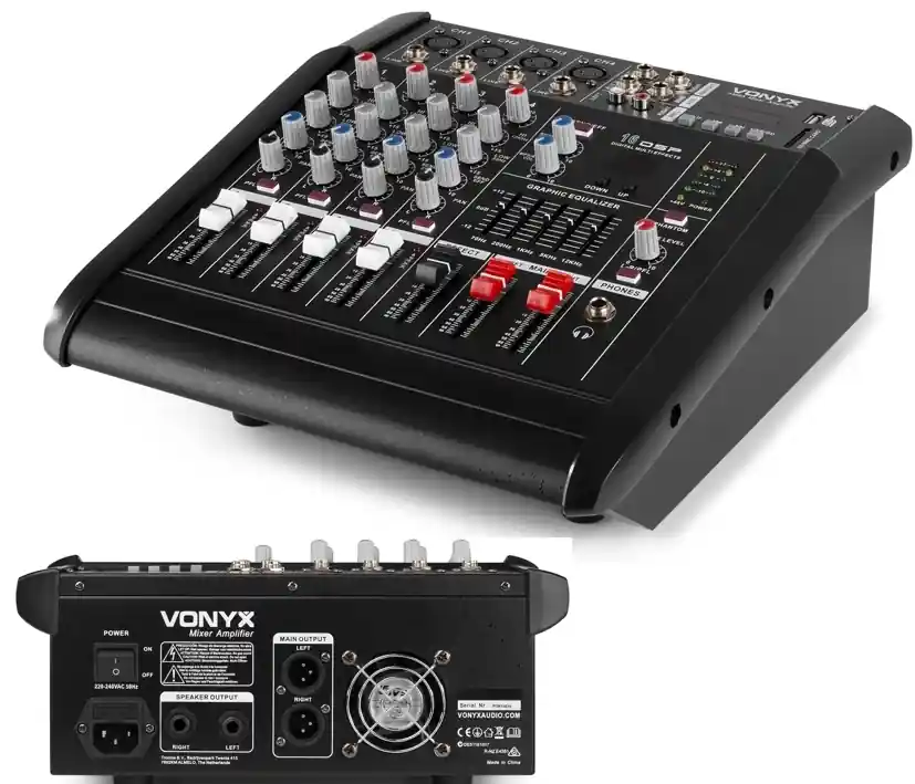 Powermixer Mischpult mit 2x500W Verstärker 5-Kanal Mixer mit EQ Bluetooth USB-SD-MP3 Player Begrenztes Angebot