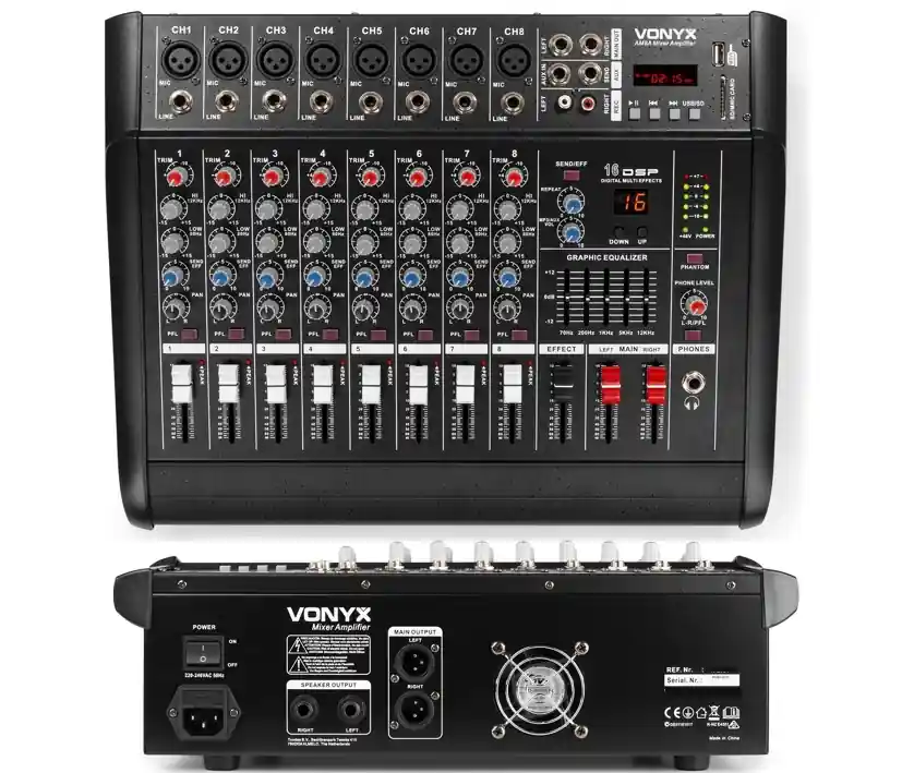 Powermixer Mischpult mit 2x500W Verstärker 9-Kanal Mixer mit EQ Bluetooth USB-SD-MP3 Player Bestpreis