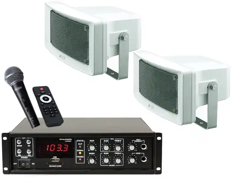 Günstig Reithallenlautsprecheranlage Set-R1 (4-teilig) mit Kabelmikro