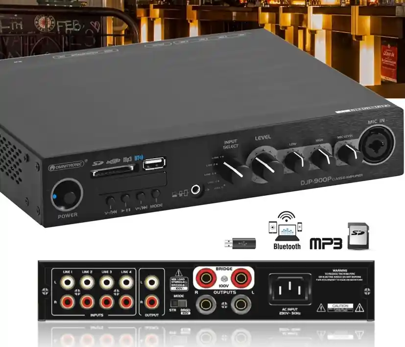 Echt Stereo Verstärker 2x460W 4-8ohm oder 100V Ausgang mit Bluetooth / 5-Eingänge (1xMikro)
