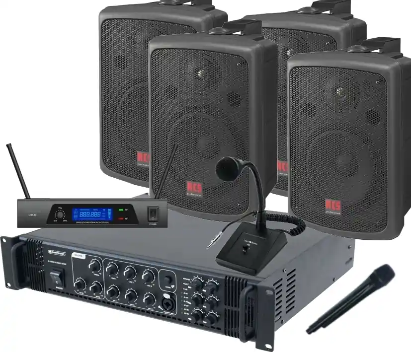 Werkhallen Lautsprecheranlage Set-34B ( 11-teilig ) mit Tischmikrofon und Funkmikro Kostenloser Rückversand