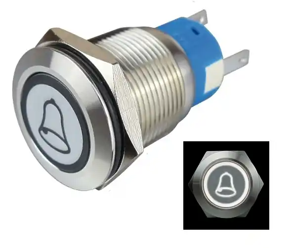 22mm Taster Vollmetall mit Klingel Symbol und 12V LED Beleuchtung Klingelknopf IK9 Vandalensicher Top-Seller