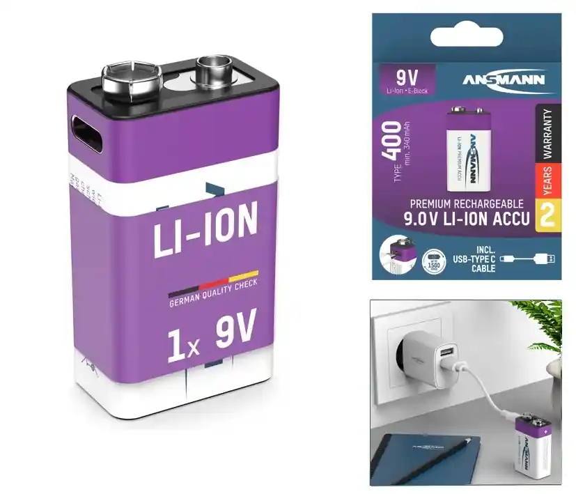 9V Akku Lithiumakku 9V Block 400mAh inkl USB-C Ladekabel Kostenloser Versand