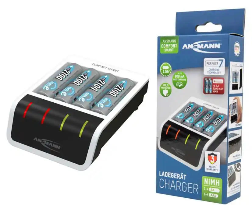 Handgefertigt Ladegerät mit Akku 4x 2100mAh Akkus COMFORT SMART mit USB Anschluß