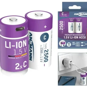 Lithiumakku 1,5Volt Baby C-Zelle je 2500mAh inkl USB-C Ladekabel - 2er-Pack Jetzt Kaufen