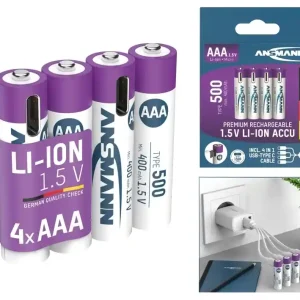 Lithiumakku 1,5Volt Micro AAA je 500mAh inkl USB-C Ladekabel - 4er-Pack - Original