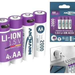 Lithiumakku 1,5Volt Mignon AA je 2000mAh inkl USB-C Ladekabel - 4er-Pack -- Neue Kollektion