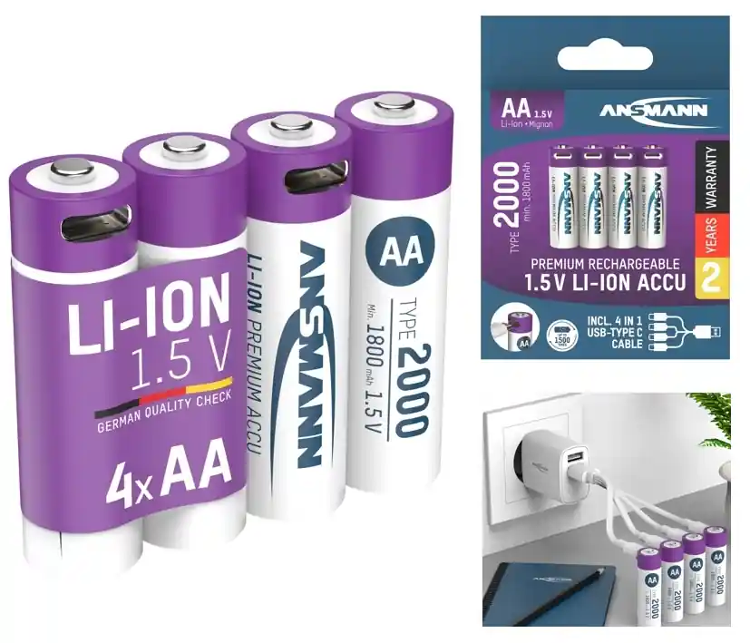 Lithiumakku 1,5Volt Mignon AA je 2000mAh inkl USB-C Ladekabel - 4er-Pack -- Neue Kollektion