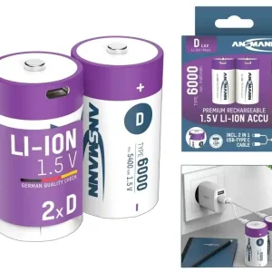 Original Lithiumakku 1,5Volt Mono D-Zelle je 6000mAh inkl USB-C Ladekabel - 2er-Pack