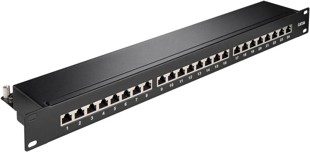 Abverkauf 19zoll Patchpanel CAT6A Patchfeld 24xRJ45 LSA Panel Auflegefeld Schwarz