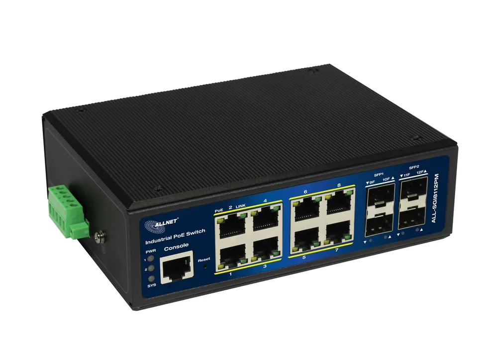 Sonderangebot Industrie Switch 12Port LAN RJ45 4x SFP PoE Switch Hutschiene DIN Rail Inp 48V ALL-SGI8112PM