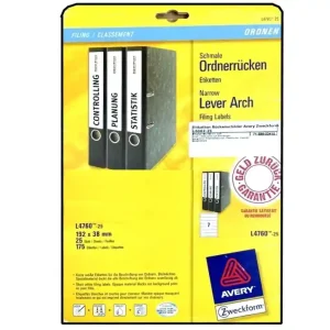 Abverkauf Rückenschilder Ordner Etiketten kurz blickdicht 38x192mm 175-Etiketten auf 25-Bögen L4760-25