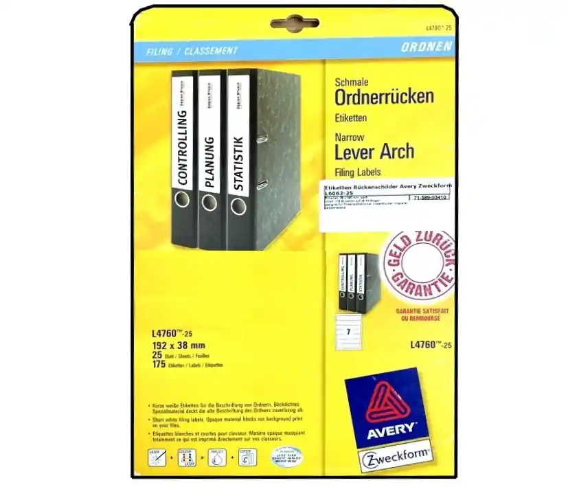 Abverkauf Rückenschilder Ordner Etiketten kurz blickdicht 38x192mm 175-Etiketten auf 25-Bögen L4760-25