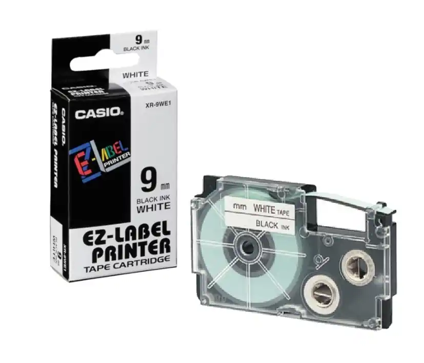 Schnäppchen Schriftband 9mm Farbband Casio XR-9WE Schwarz auf weissem Hintergrund