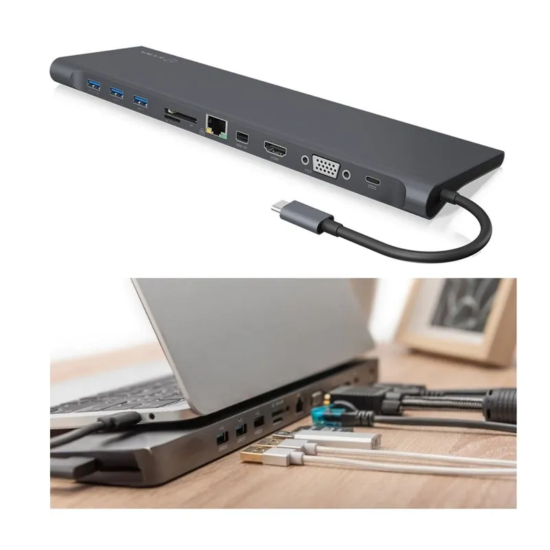 USB-C Dockingstation mit 4K HDMI VGA DP Audio Kartenleser LAN USB3 für Windows10 Windows11 Markenprodukt