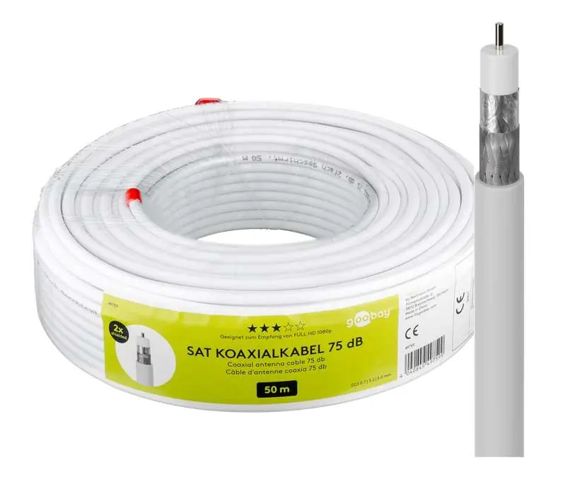 50m Koaxkabel 75dB für SAT TV 5mm Weiss 2x geschirmt dünnes Koaxkabel Weltweiter Versand