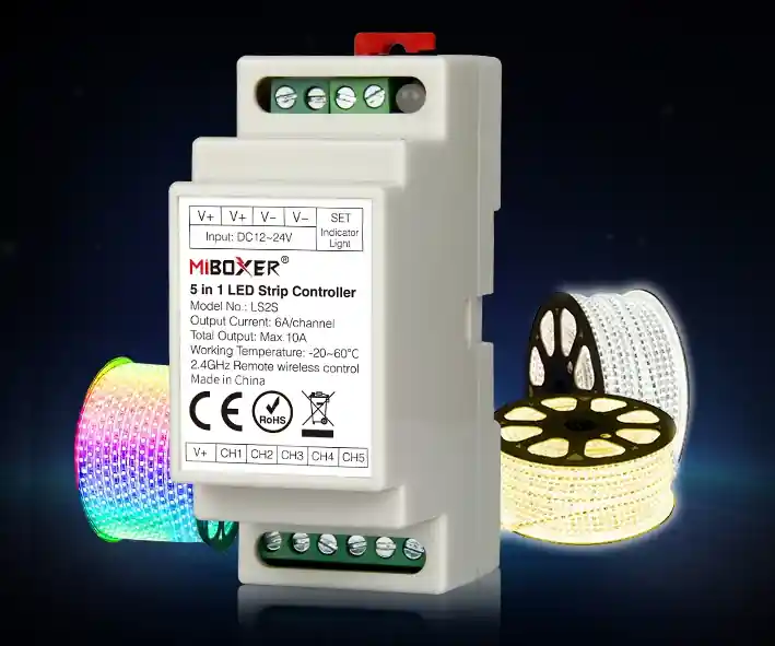 Weltweiter Versand LED RGB-W Kontroller 5-Kanal 5x6A 12V-24V Hutschiene MiBoxer mit Funkempfänger