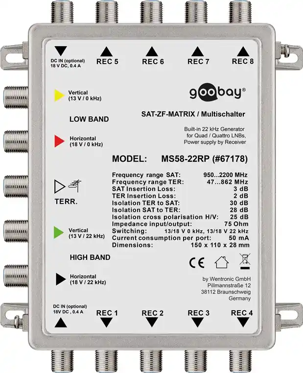 Heißes Angebot SAT Multischalter mit 5-Eingänge 8-Ausgänge SAT-Verteiler für bis zu 8-Teilnehmer von einem Satelliten