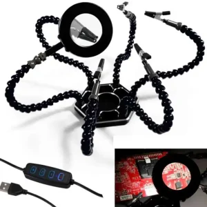 Aktuell Löthilfe 3te Hand mit 6 flexiblen Armen LED Lupe schwerem ALU-Fuss Kroko Klemmen