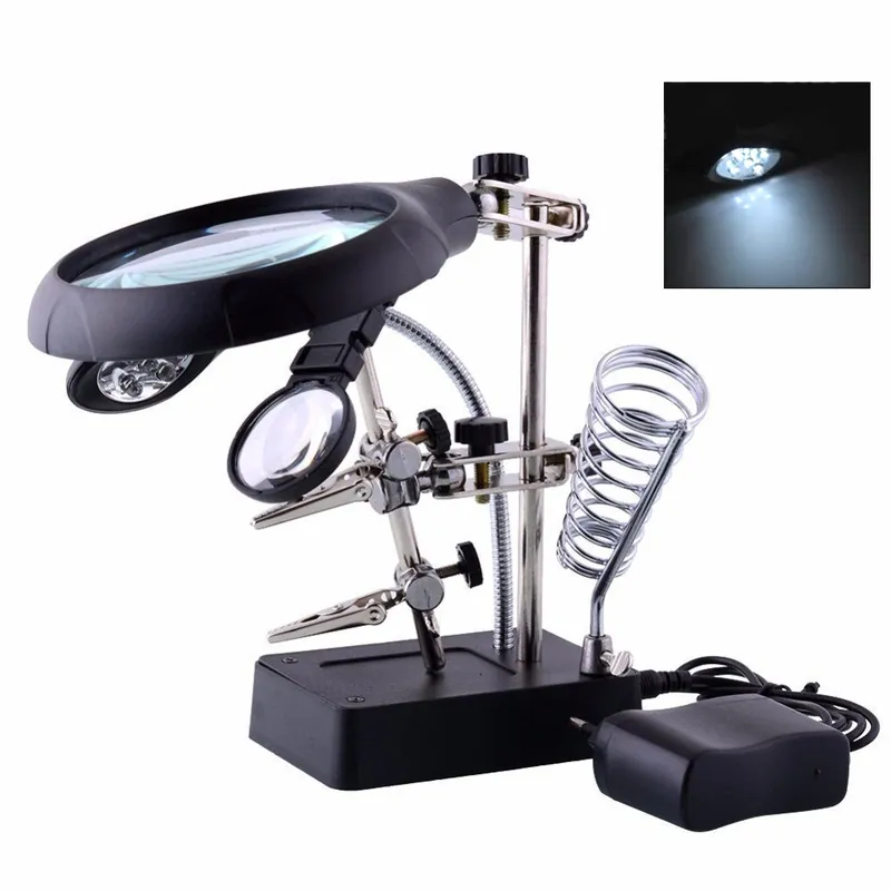 Löthilfe 3te Hand mit LED Lupe und Lötkolben Halter mit Kroko Klemmen Original